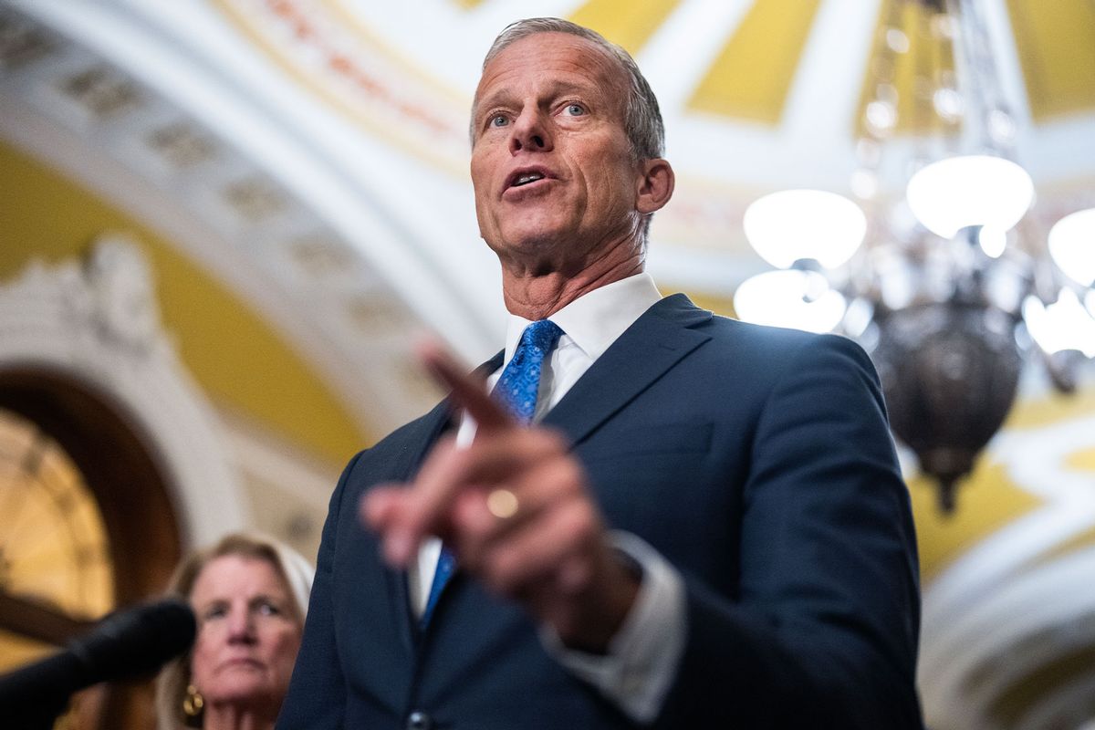 Sen. John Thune, R-S.D., conducts a news conference in the U.S. Capitol after the senate luncheons on Tuesday, September 24, 2024. (Tom Williams/CQ-Roll Call, Inc via Getty Images)