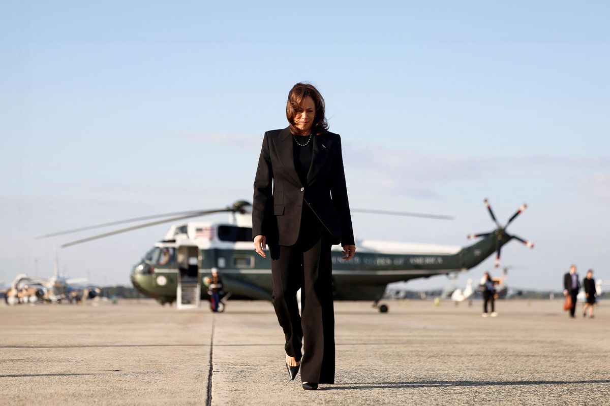 US Democratic presidential nominee and Vice President Kamala Harris walks to board Air Force Two as she departs for New York at Joint Base Andrews, Maryland, on October 7, 2024. (EVELYN HOCKSTEIN/POOL/AFP via Getty Images)