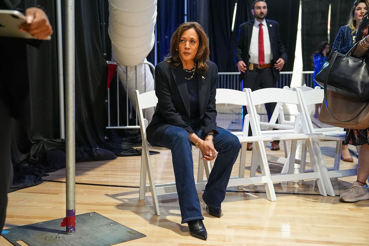 Democratic presidential nominee, U.S. Vice President Kamala Harris backstage during a campaign rally on October 27, 2024 in Philadelphia. (Andrew Harnik/Getty Images)