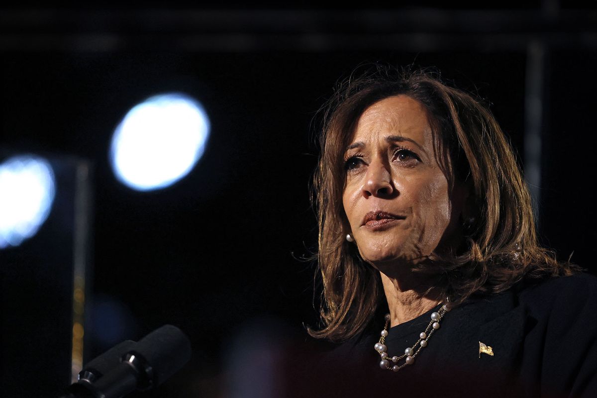 US Vice President and Democratic presidential candidate Kamala Harris speaks during a campaign rally at the Carrie Blast Furnaces National Historic Landmark outside Pittsburgh, in Rankin, Pennsylvania on November 4, 2024. (REBECCA DROKE/AFP via Getty Images)