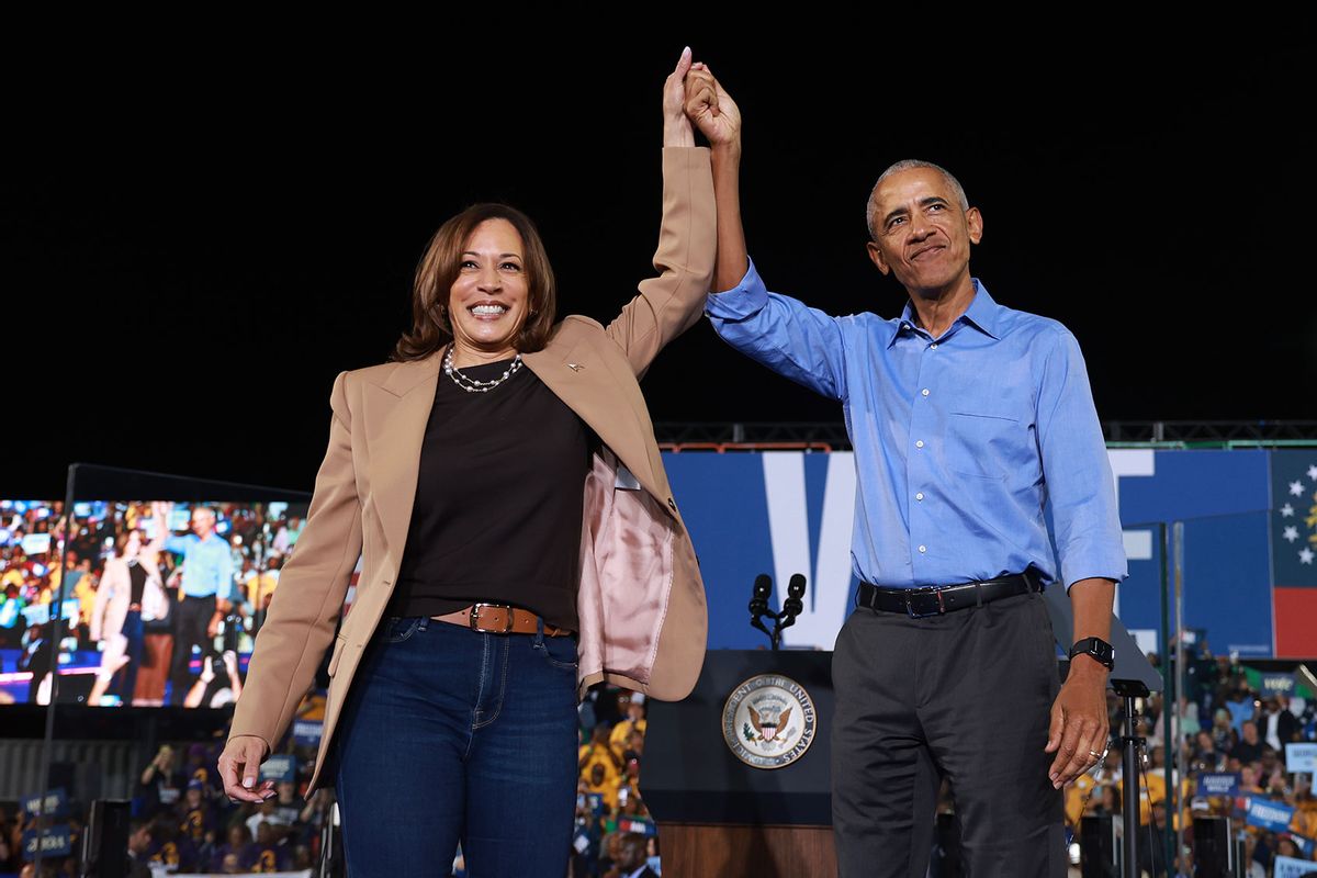 Democratic presidential nominee, U.S. Vice President Kamala Harris, campaigns with former President Barack Obama at the James R Hallford Stadium on October 24, 2024 in Clarkston, Georgia. (Joe Raedle/Getty Images)