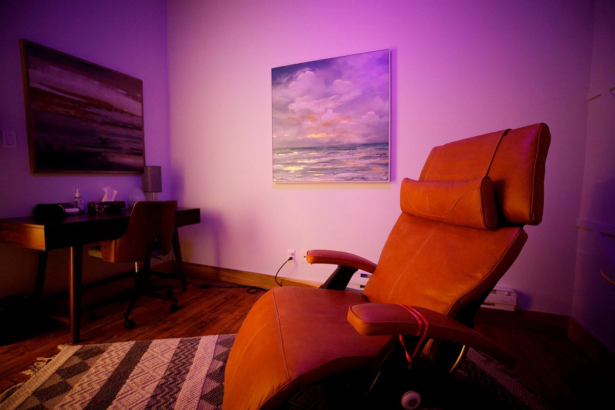 A chair is seen in a therapy room at Field Trip, a psychedelic therapy clinic in Toronto, Ontario, Canada, on August 28, 2020. - Patients sit in the sensory controlled environment while on their ketamine trip. (COLE BURSTON/AFP via Getty Images)