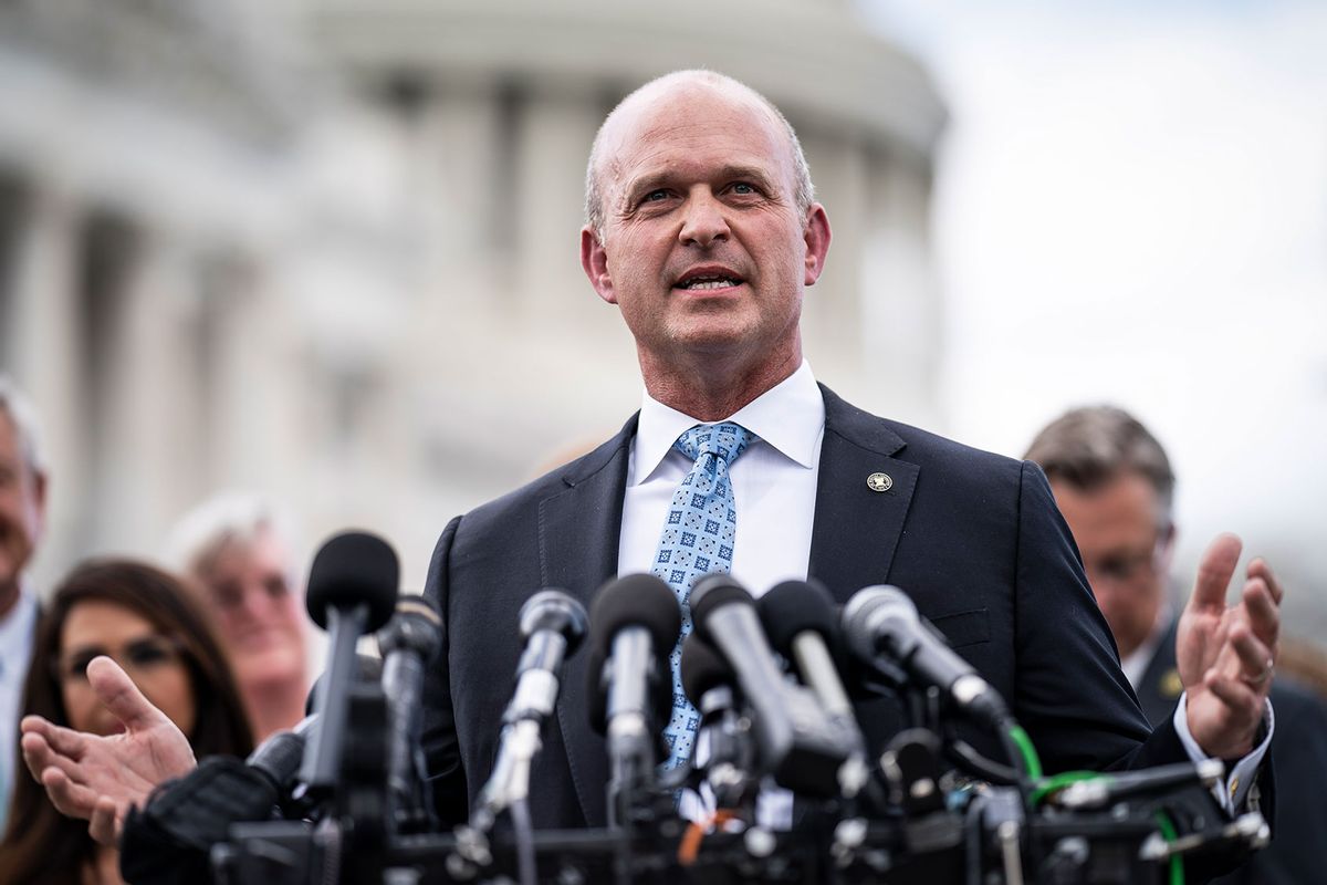 Kevin Roberts, president of The Heritage Foundation, speaks with members of the conservative House Freedom Caucus during a news conference on Capitol Hill on Tuesday, Sept 12, 2023, in Washington, DC. (Jabin Botsford/The Washington Post via Getty Images)