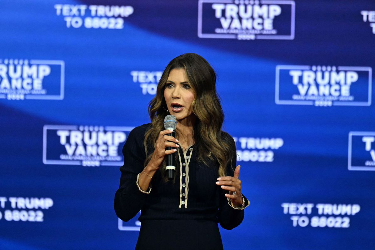 Moderator and South Dakota Governor Kristi Noem speaks before former US President and Republican presidential candidate Donald Trump attends during a town hall at the Greater Philadelphia Expo Center and Fairgrounds in Oaks, Pennsylvania, on October 14, 2024. (JIM WATSON/AFP via Getty Images)