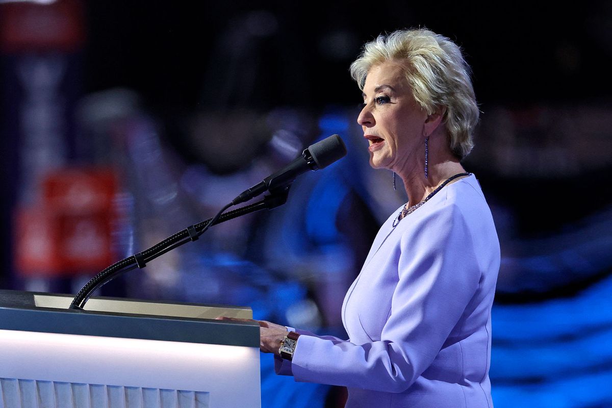 Former administrator of the Small Business Administration Linda McMahon speaks during the last day of the 2024 Republican National Convention at the Fiserv Forum in Milwaukee, Wisconsin, on July 18, 2024. (KAMIL KRZACZYNSKI/AFP via Getty Images)