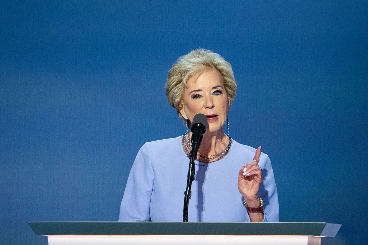 Linda McMahon, former Administrator of Small Business Administration, speaks during the final night of the Republican National Convention in Milwaukee on Thursday, July 18, 2024. (Bill Clark/CQ-Roll Call, Inc via Getty Images)