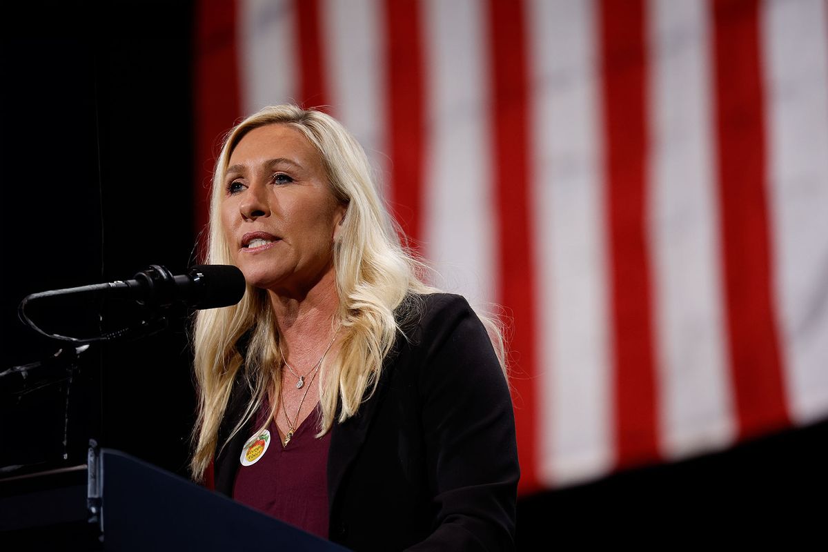 U.S. Rep. Marjorie Taylor Greene (R-GA) speaks before Republican presidential nominee, former U.S. President Donald Trump during a campaign rally at the Cobb Energy Performing Arts Centre on October 15, 2024 in Atlanta, Georgia. (Kevin Dietsch/Getty Images)