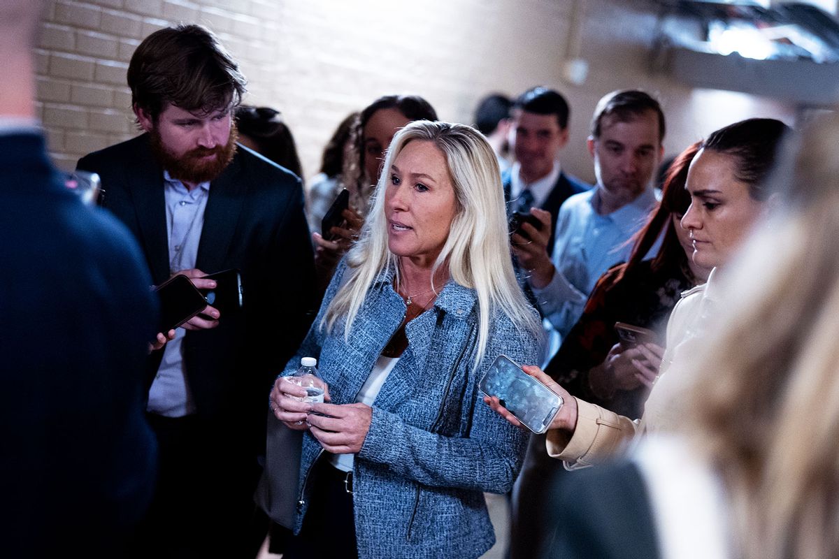 Rep. Marjorie Taylor Greene (R-GA) speaks to reporters as she leaves a House Republican Caucus meeting on Capitol Hill on November 19, 2024 in Washington, DC. (Andrew Harnik/Getty Images)