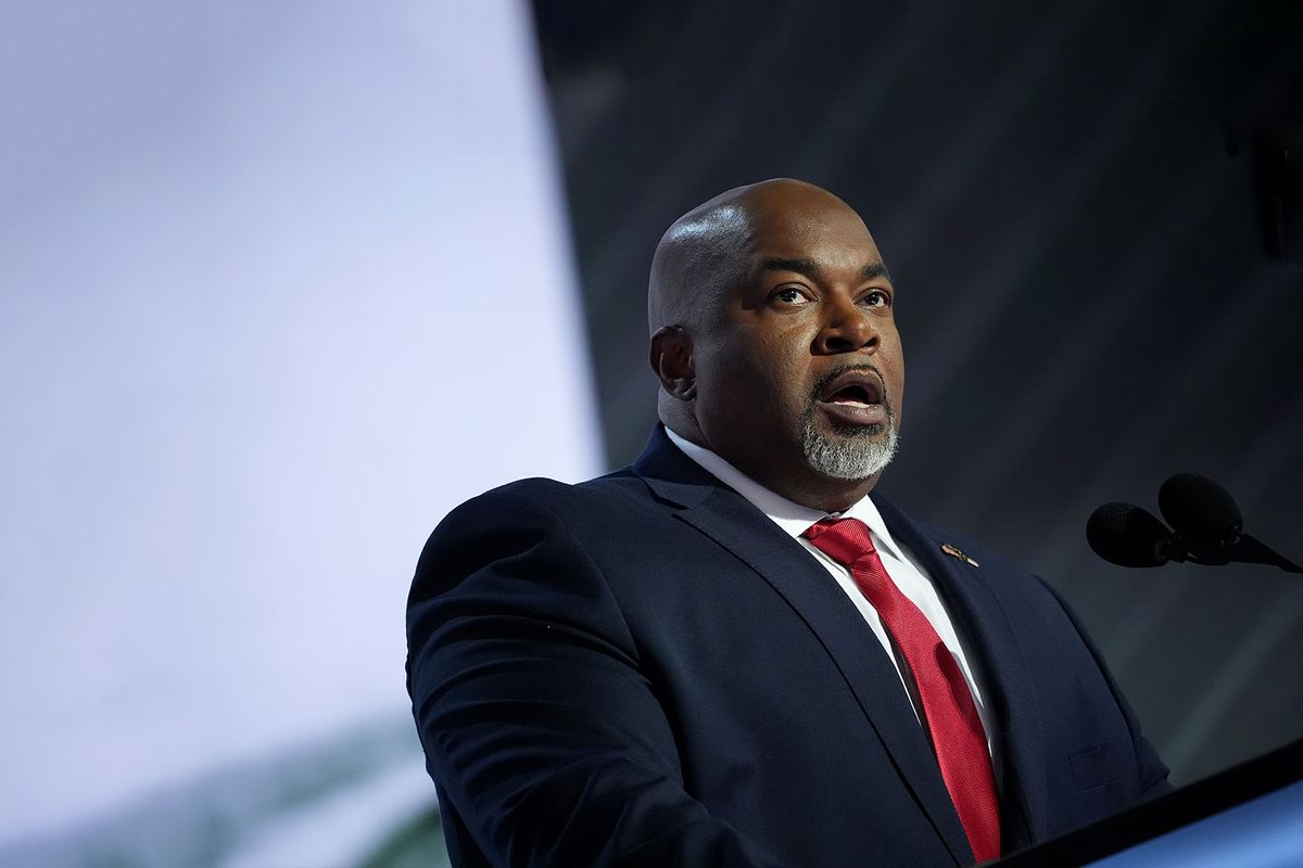 North Carolina Lt. Gov. Mark Robinson speaks on stage on the first day of the Republican National Convention at the Fiserv Forum on July 15, 2024 in Milwaukee, Wisconsin. (Andrew Harnik/Getty Images)