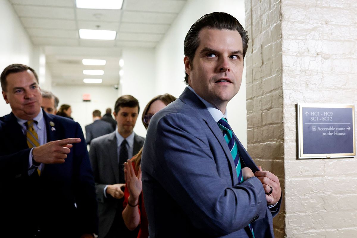 Rep. Matt Gaetz (R-FL) departs from a meeting with House Republicans at the U.S. Capitol Building on October 19, 2023 in Washington, DC. (Anna Moneymaker/Getty Images)