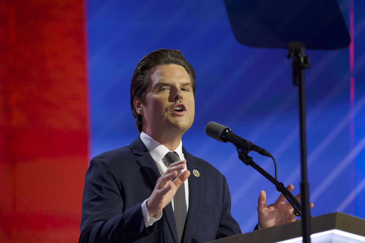 Rep. Matt Gaetz, R-Fla., speaks on the third day of Republican National Convention at the Fiserv Forum in Milwaukee, Wisconsin, United States, on July 17, 2024. (Jacek Boczarski/Anadolu via Getty Images)