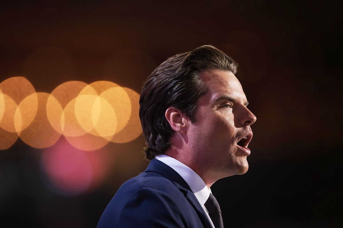 U.S. Rep. Matt Gaetz (R-FL) speaks on stage on the third day of the Republican National Convention at the Fiserv Forum on July 17, 2024 in Milwaukee, Wisconsin. (Win McNamee/Getty Images)