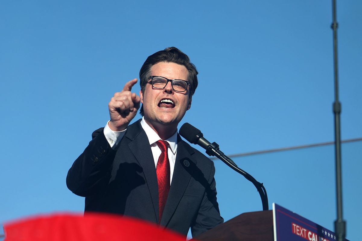 Politician Matt Gaetz, who was recently picked by President-elect Donald Trump to serve as attorney general, speaks at a rally in Coachella, California on October 12, 2024. (Wally Skalij/Los Angeles Times via Getty Images)