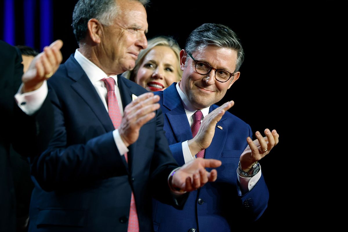 Speaker of the House Mike Johnson (R-LA) applauds on stage as Republican presidential nominee, former U.S. President Donald Trump holds an election night event at the Palm Beach Convention Center on November 06, 2024 in West Palm Beach, Florida. (Chip Somodevilla/Getty Images)