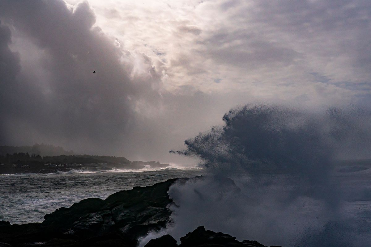 Heavy waves break against the Oregon coast as a bomb cyclone storm system moves over the Northwest United States on October 24, 2021. (Nathan Howard/Getty Images)