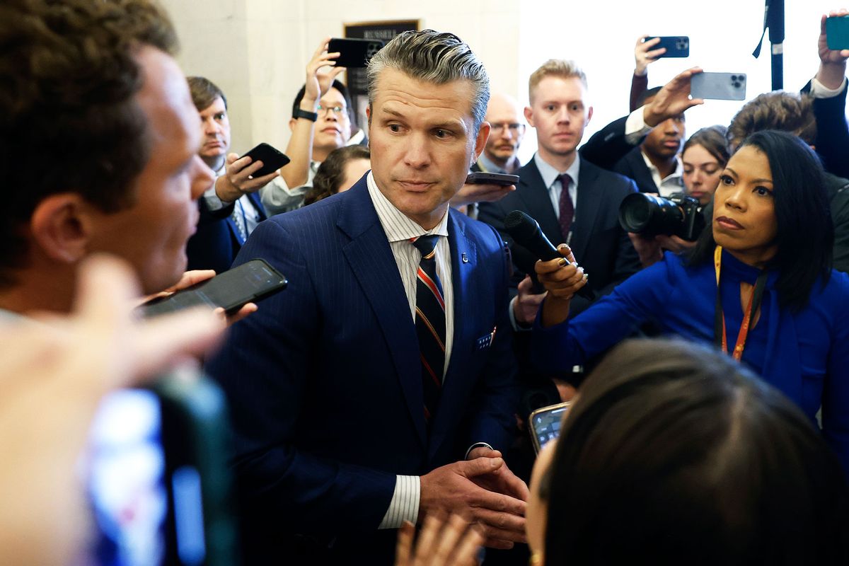 President-elect Donald Trump's nominee to be Secretary of Defense Pete Hegseth speaks to reporters as he leaves the Russell Senate Office Building on November 21, 2024 in Washington, DC. (Kevin Dietsch/Getty Images)