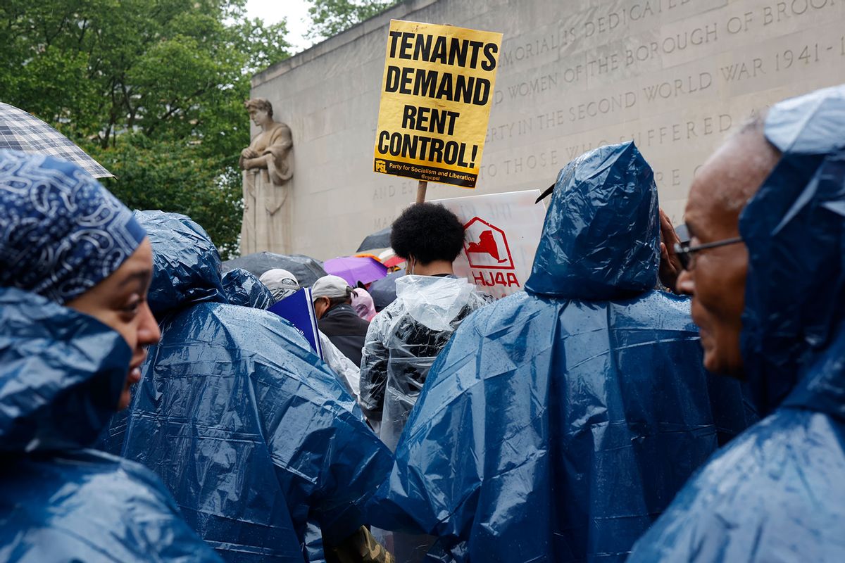 Community organizations and tenants hold a rally to protest against the rising costs of rental apartments in New York City, May 20, 2023 in Cadman Plaza, Brooklyn, New York. (Andrew Lichtenstein/Corbis via Getty Images)