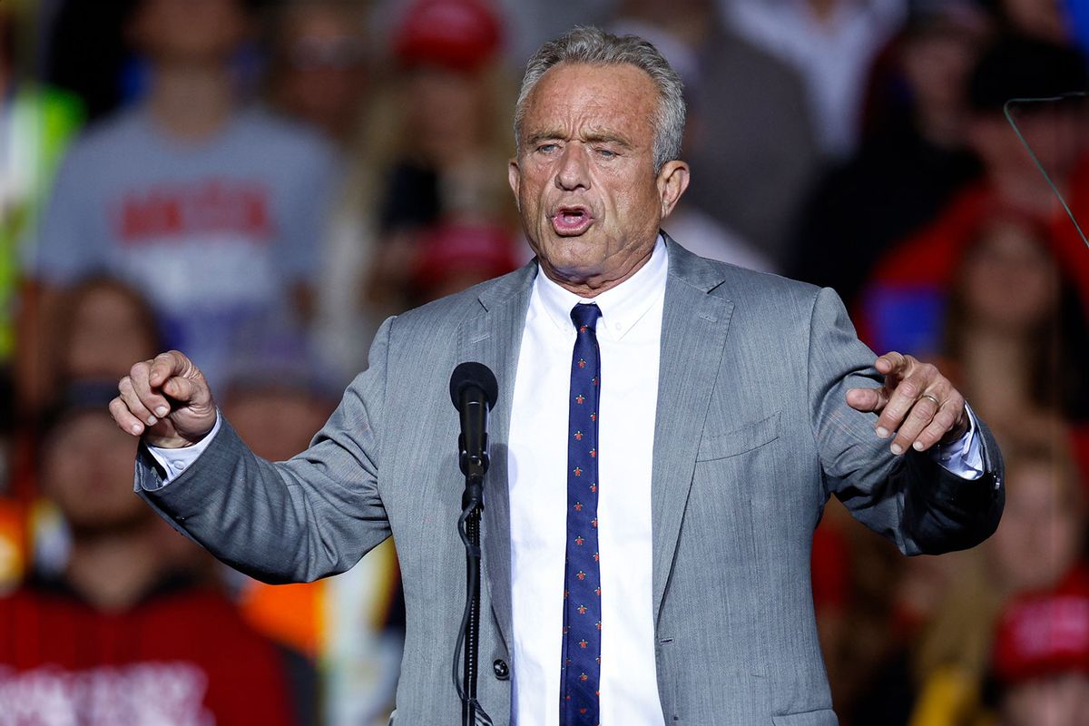 Former Republican presidential candidate Robert F. Kennedy Jr. gestures as he speaks ahead of Former US President and Republican presidential candidate Donald Trump at a campaign rally at the Fiserv Forum in Milwaukee, Wisconsin, November 1, 2024. (KAMIL KRZACZYNSKI/AFP via Getty Images)