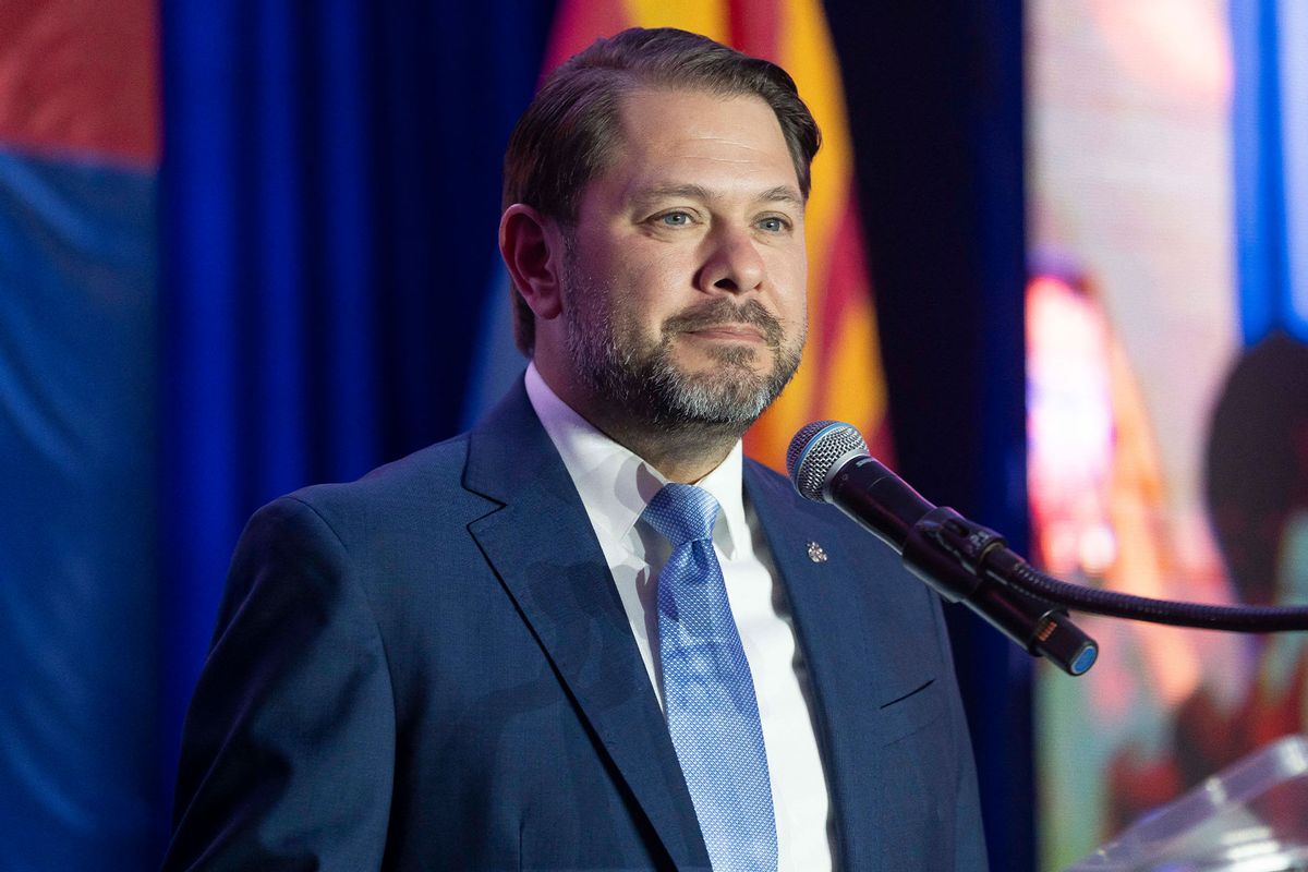 Arizona Democratic candidate for US Senate Ruben Gallego speaks during the Arizona Democratic Party Election Night at the Hilton Phoenix Resort at the Peak in Phoenix, Arizona, on November 5, 2024. (REBECCA NOBLE/AFP via Getty Images)