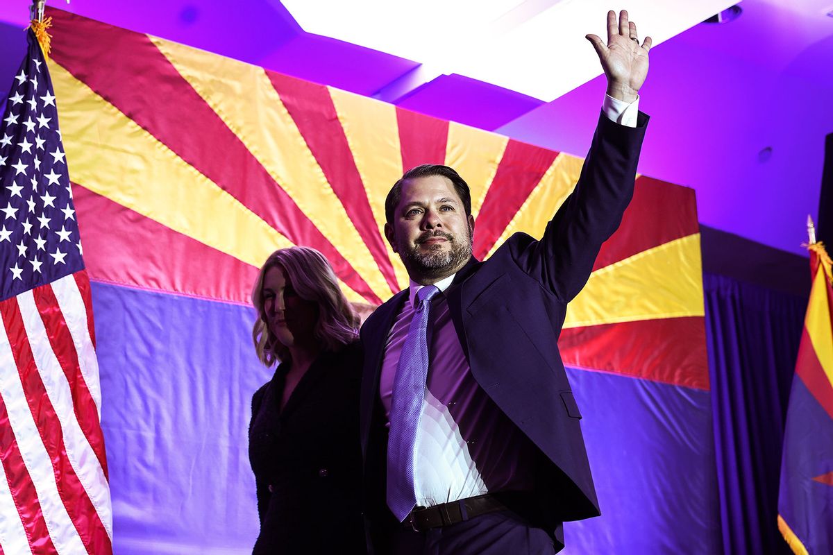 Arizona Democratic U.S. Senate candidate, Rep. Ruben Gallego (D-AZ) walks offstage with wife Sydney after speaking at an Arizona Democratic election night watch party on November 5, 2024 in Phoenix, Arizona. (Mario Tama/Getty Images)