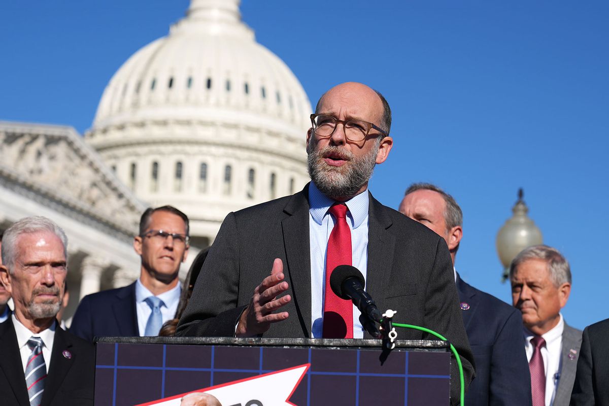 Russ Vought, former OMB director, conducts news conference outside of the U.S. Capitol with House Republicans to oppose vaccine mandates on Friday, November 5, 2021. (Tom Williams/CQ-Roll Call, Inc via Getty Images)