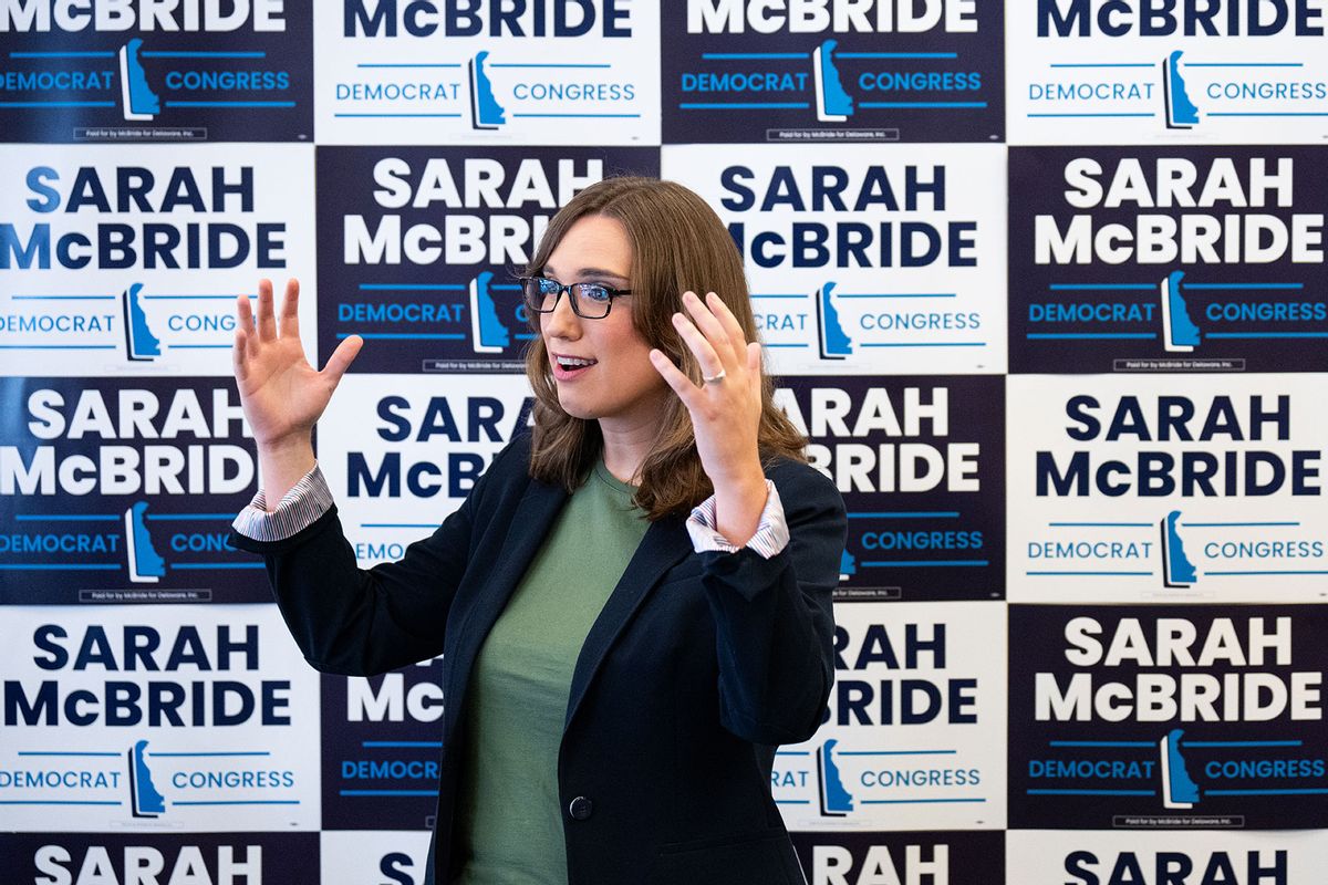 Sarah McBride, Democrat running for Delaware's Congressional seat, speaks to campaign volunteers at her campaign office in Wilmington, Del., on Saturday, July 27, 2024. (Bill Clark/CQ-Roll Call, Inc via Getty Images)