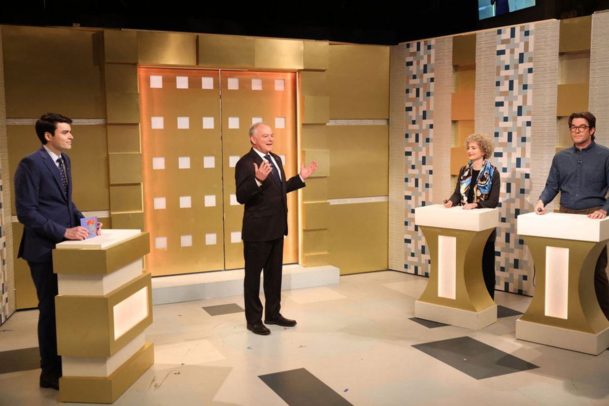 Michael Longfellow, Sarah Sherman as Margaret Atwood, senator Tim Kaine, and host John Mulaney during the “What’s That Name: Election Edition” sketch on Saturday, November 2, 2024. (Will Heath/NBC)