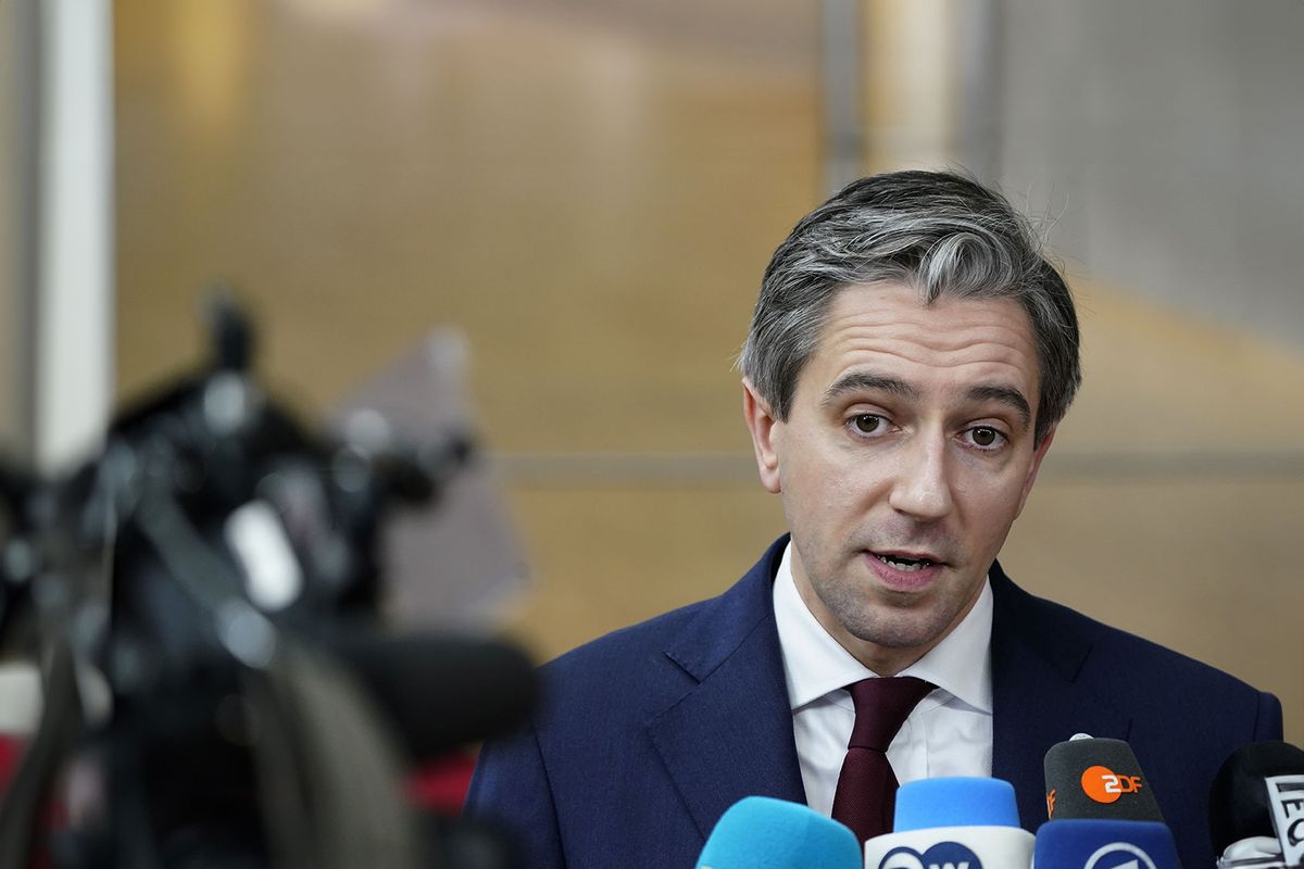 Ireland's Taoiseach (or prime minister) Simon Harris, talking with media at the European Union and Gulf Cooperation Council Summit, Oct. 16, 2024, in Brussels. (Pier Marco Tacca/Getty Images)