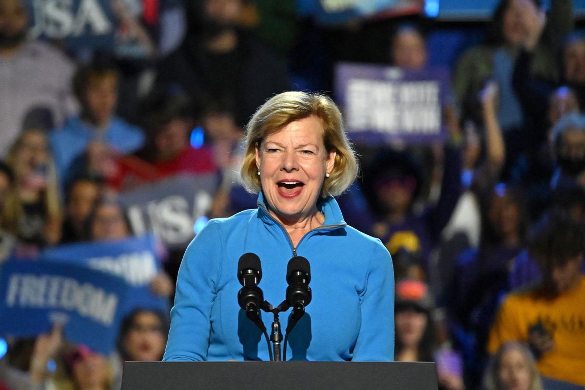 US Senator Tammy Baldwin (D-WI) speaks ahead of US Vice President and Democratic presidential candidate Kamala Harris during a "When We Vote We Win" rally at the Wisconsin State Fair Park Exposition Center in West Allis, Milwaukee, Wisconsin, November 1, 2024. (ALEX WROBLEWSKI/AFP via Getty Images)