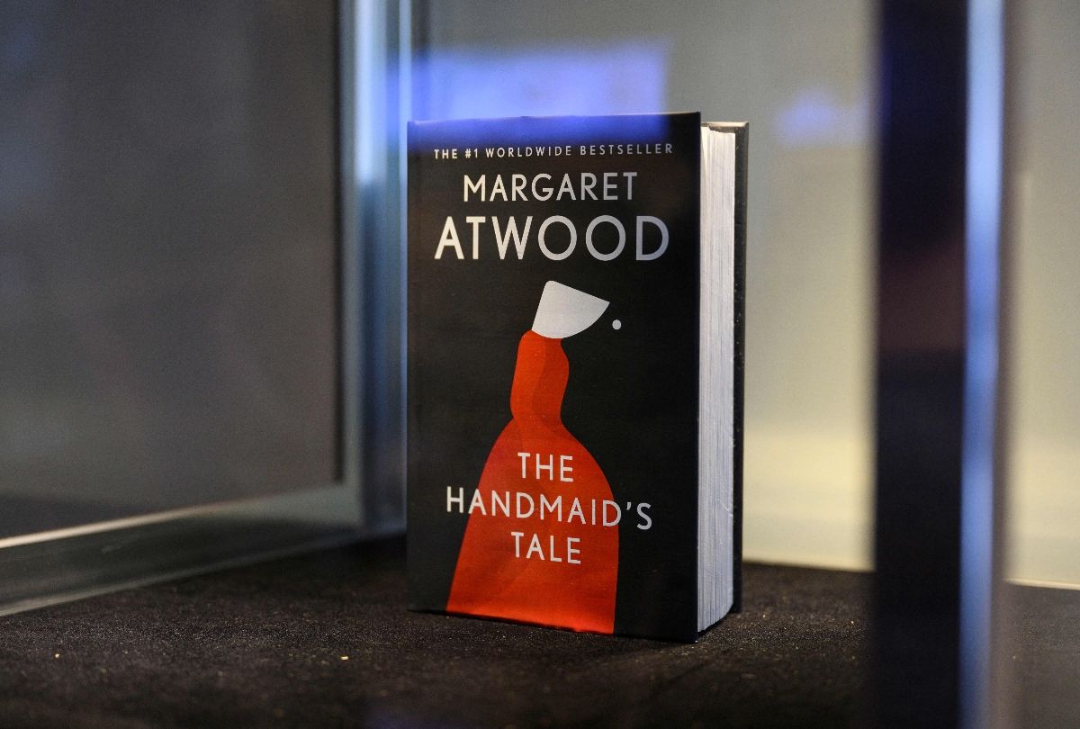 Margaret Atwood's Unburnable Book, a fireproof edition of her prescient and often banned book The Handmaids Tale is on display at Sothebys in New York City on June 3, 2022. (NGELA WEISS/AFP via Getty Images)