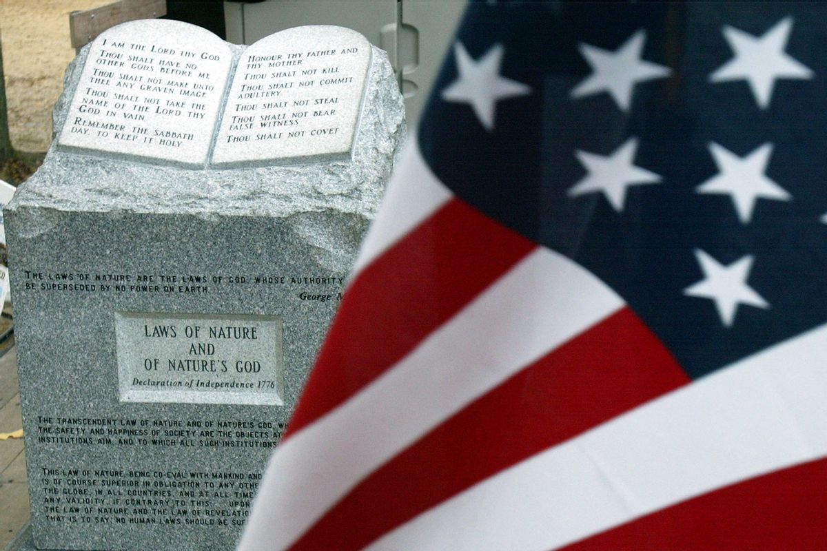 The Ten Commandments monument that was removed from the Alabama Judicial Building is on display during the "America for Jesus" rally October 22, 2004 at the National Mall in Washington, DC. (Alex Wong/Getty Images)