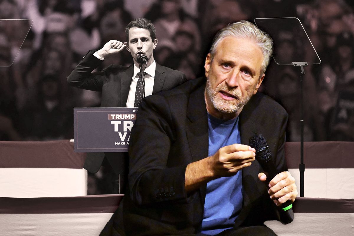 Comedian Tony Hinchcliffe speaks during a Donald Trump campaign rally at Madison Square Garden in New York on October 27, 2024. | John Stewart (Photo illustration by Salon/Getty Images)