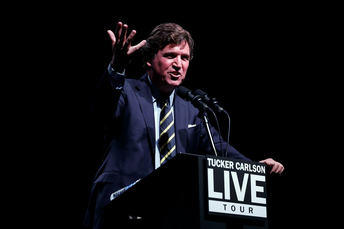 Tucker Carlson speaks at his Live Tour at the Desert Diamond Arena on October 31, 2024 in Phoenix, Arizona. (Chip Somodevilla/Getty Images)