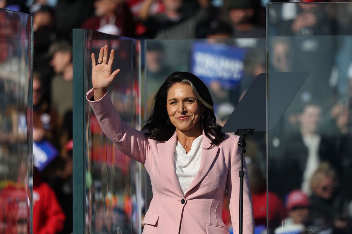 Former Rep. Tulsi Gabbard (R-HI) takes the stage during a Republican presidential nominee, former U.S. President Donald Trump campaign rally at Lancaster Airport on November 03, 2024 in Lititz, Pennsylvania. (Michael M. Santiago/Getty Images)