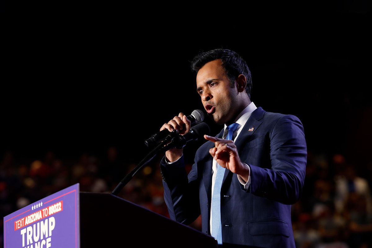 Vivek Ramaswamy speaks at a campaign rally for Republican presidential nominee, former U.S. President Donald Trump at Mullett Arena on October 24, 2024 in Tempe, Arizona. (Anna Moneymaker/Getty Images)