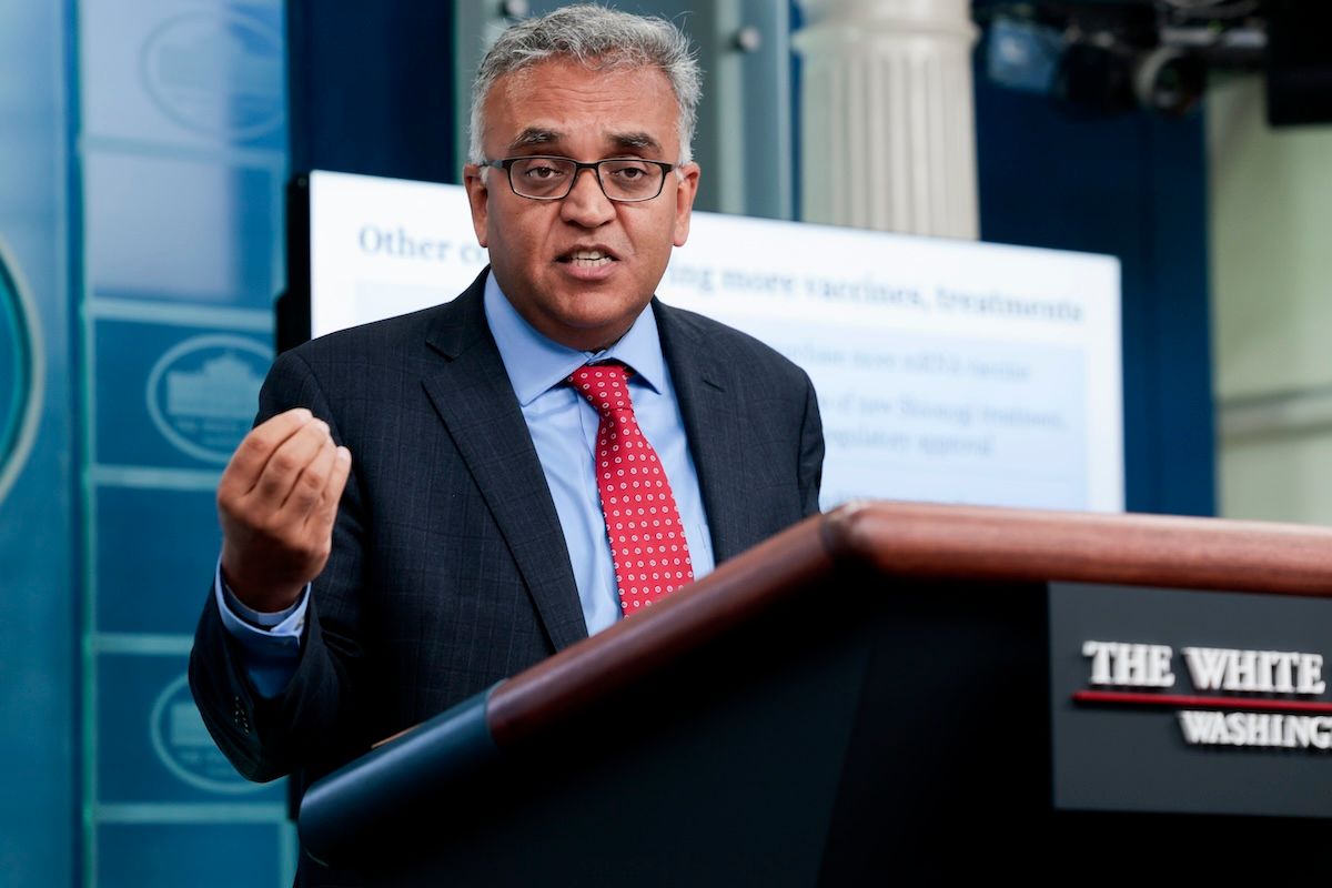 White House Coronavirus Response Coordinator Dr. Ashish Jha gestures as he speaks at a daily press conference in the James Brady Press Briefing Room of the White House on April 26, 2022 in Washington, DC.  (Photo by Anna Moneymaker/Getty Images)