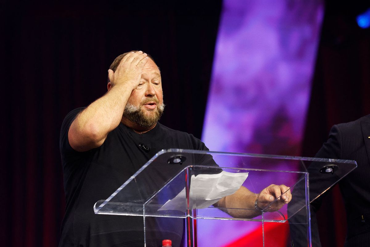 American far-right, alt-right radio show Alex Jones addresses the conservative Turning Point People's Convention on June 16, 2024 at Huntington Place in Detroit, Michigan. (JEFF KOWALSKY/AFP via Getty Images)