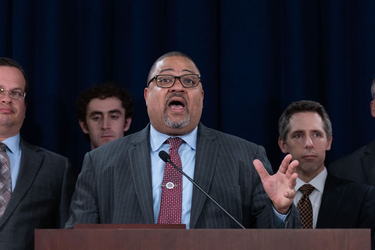 Manhattan District Attorney Alvin Bragg stands with members of his staff at a news conference following the conviction of former U.S. President Donald Trump in his hush money trial on May 30, 2024 in New York City. (Spencer Platt/Getty Images)