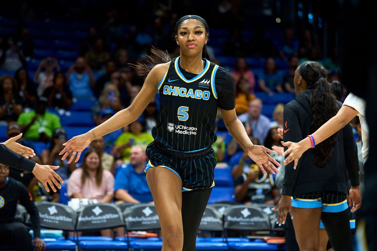 Angel Reese #5 of the Chicago Sky is announced before tipoff against the Dallas Wings at the College Park Center on May 15, 2024 in Arlington, Texas. (Cooper Neill/Getty Images)