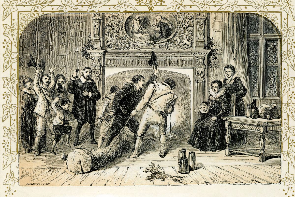 Ceremony for Christmas Eve by Birket Foster, 1872. The yule log, an illustration to the poem by 17th century English poet Robert Herrick. (Culture Club/Getty Images)