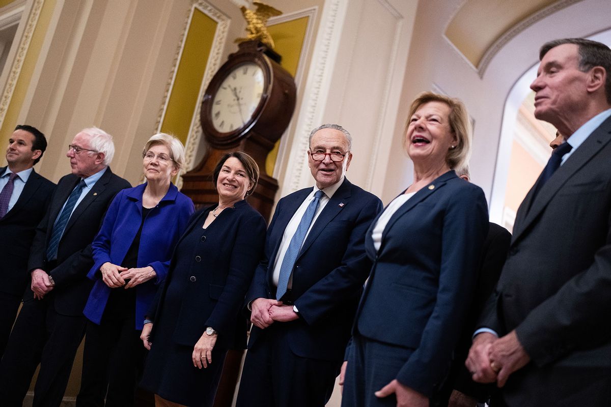 From left, Sen. Brian Schatz, D-Hawaii, deputy Senate Democratic Conference secretary, Sen. Bernie Sanders, I-Vt., chair of outreach, Sen. Elizabeth Warren, D-Mass., vice chair of the conference, Sen. Amy Klobuchar, D-Minn., chair of steering and policy committee, Senate Democratic Leader Charles Schumer, D-N.Y., Sen. Tammy Baldwin, D-Wis., conference secretary, and Sen. Mark Warner, D-Va., vice chair of the conference, are seen after being voted into their new positions, after the leadership elections in the U.S. Capitol, on Tuesday, December 3, 2024. (Tom Williams/CQ-Roll Call, Inc via Getty Images)