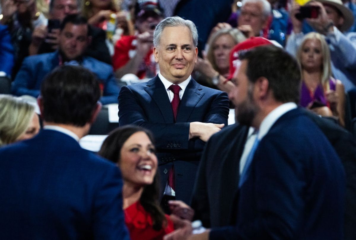 David Sacks, a venture capitalist, and Sen. JD Vance, R-Ohio, right, vice presidential nominee, are seen in Fiserv Forum on the first day of Republican National Convention in Milwaukee, Wis., on July 15, 2024. (Tom Williams/CQ-Roll Call, Inc via Getty Images)