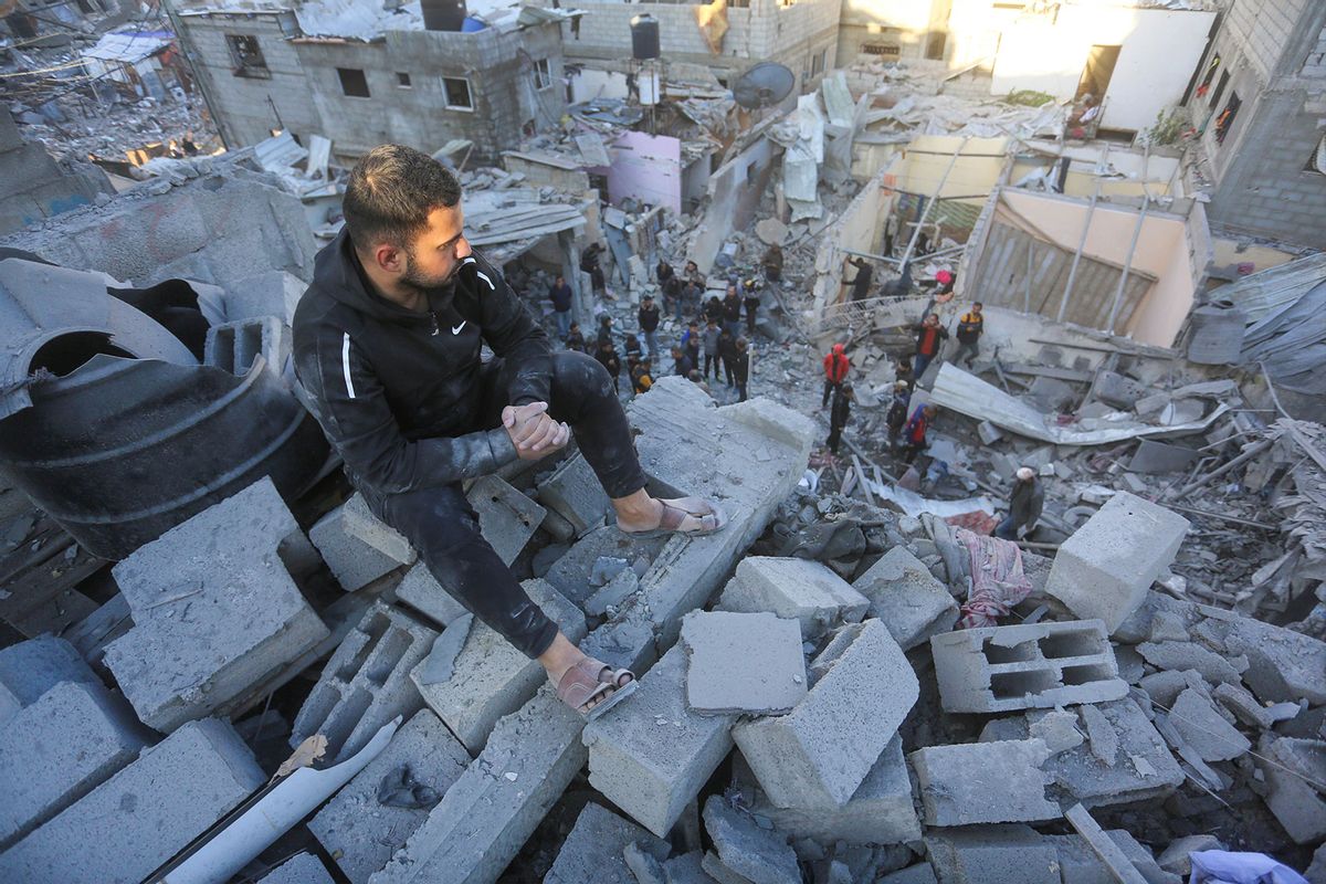 Palestinians inspect the buildings destroyed or damaged after Israeli attack on Nuseirat Refugee Camp in Gaza City, Gaza on December 5, 2024. (Ashraf Amra/Anadolu via Getty Images)