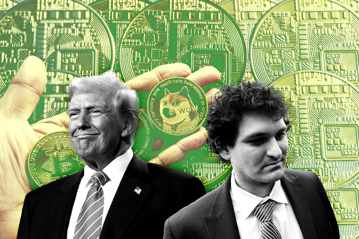 Donald Trump, Sam Bankman-Fried, and cryptocurrency coins Dogecoin, Bitcoin and Ethereum. (Photo illustration by Salon/Getty Images)