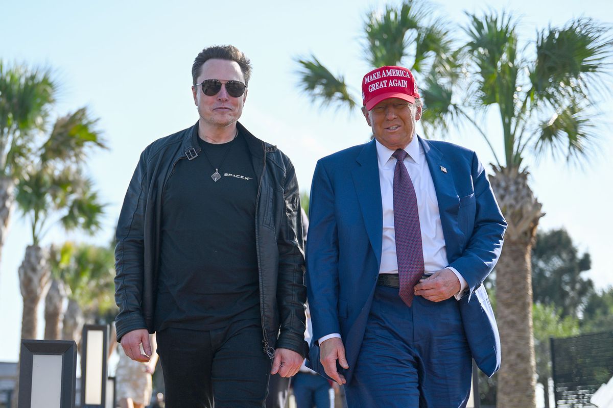 U.S. President-elect Donald Trump greets Elon Musk as he arrives to attend a viewing of the launch of the sixth test flight of the SpaceX Starship rocket on November 19, 2024 in Brownsville, Texas. (Brandon Bell/Getty Images)