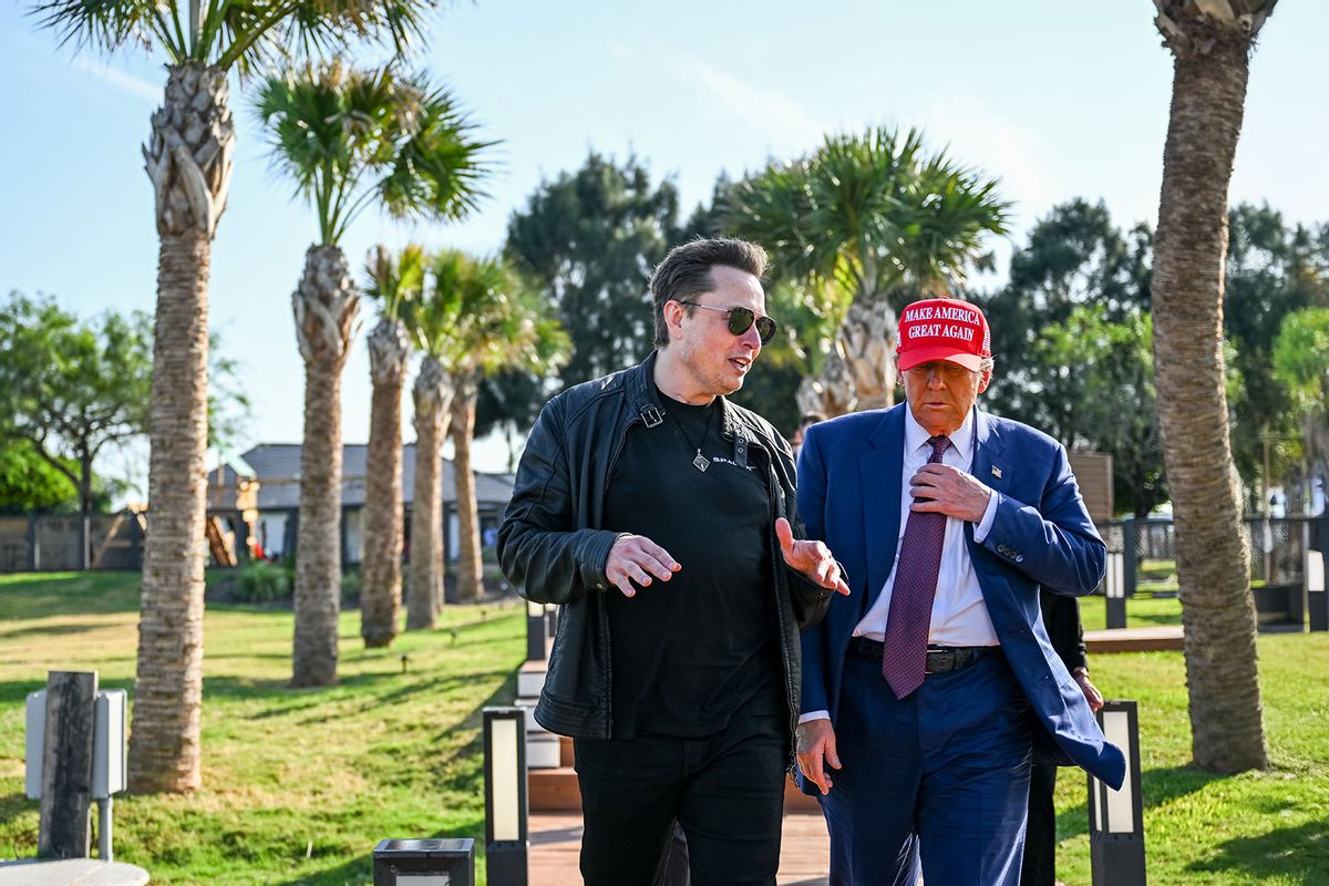 Elon Musk greets U.S. President-elect Donald Trump as he arrives to attend a viewing of the launch of the sixth test flight of the SpaceX Starship rocket on November 19, 2024 in Brownsville, Texas. (Brandon Bell/Getty Images)