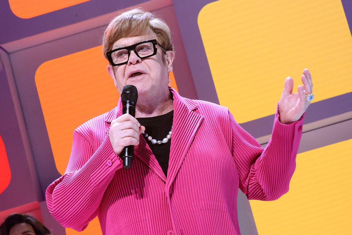 Elton John during the opening night curtain call for the new Elton John musical ""Tammy Faye" on Broadway at The Palace Theatre on November 14, 2024 in New York City. (Bruce Glikas/Getty Images)