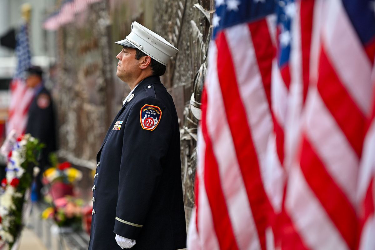 Fire fighters attend a ceremony near the 9/11 memorial on September 11, 2023 in New York City.  (Miguel J. Rodríguez Carrillo/VIEWpress/Getty Images)