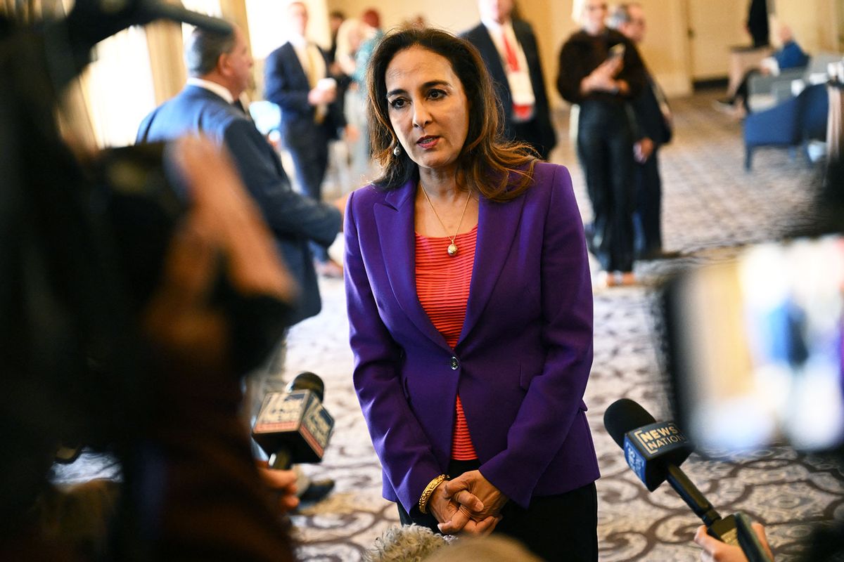 Harmeet Dhillon, a candidate for the Republican Party chair speaks to the media after GOP Chair Ronna McDaniel was re-elected during the 2023 Republican National Committee Winter Meeting in Dana Point, California, on January 27, 2023. (PATRICK T. FALLON/AFP via Getty Images)