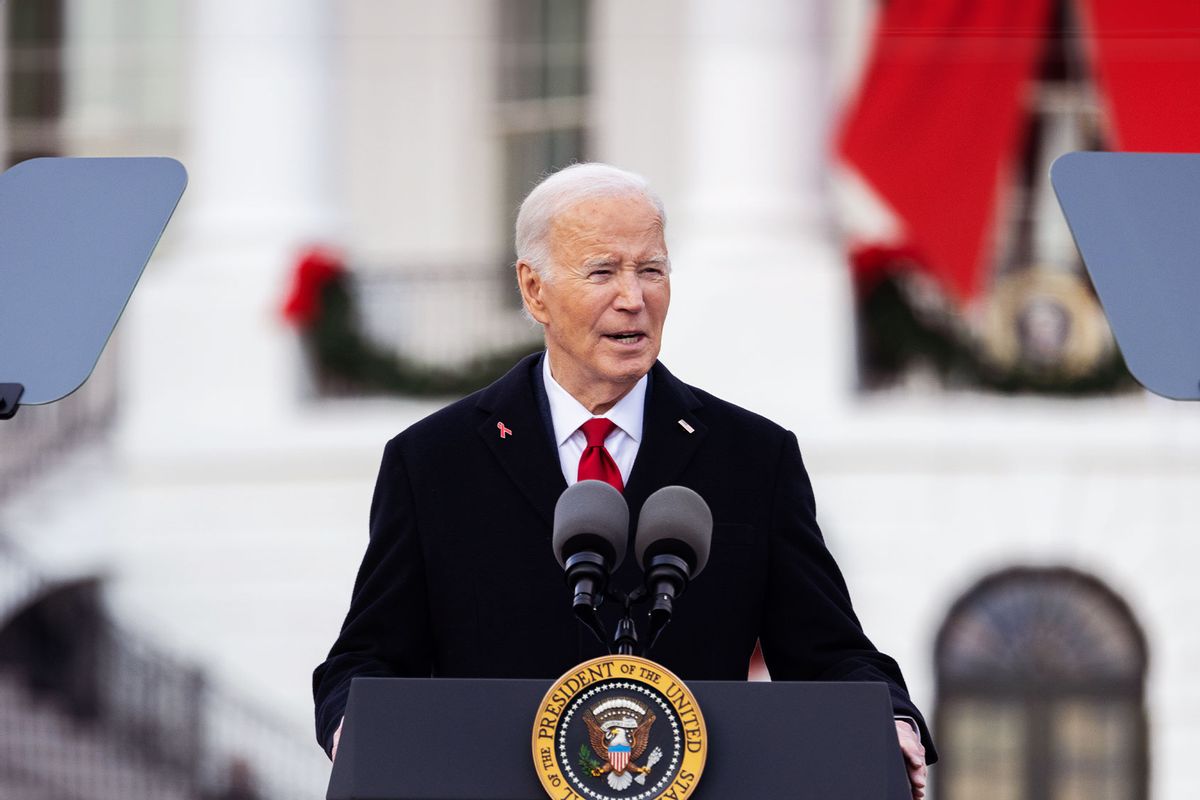 President Joe Biden speaks at a ceremony on the South Lawn of the White House commemorating World AIDS Day on December 1, 2024 in Washington, DC. (Nathan Posner/Anadolu via Getty Images)